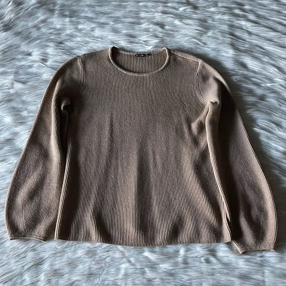 J. McLaughlin Wool Ribbed Blouson Sleeve Sweater in Tan - Picture 5 of 12